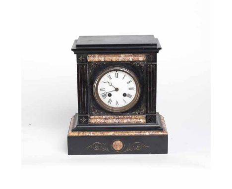 EARLY TWENTIETH CENTURY FRENCH SLATE MANTEL CLOCK
by Japy Freres & Cie, Paris, the signed two train movement striking on a be