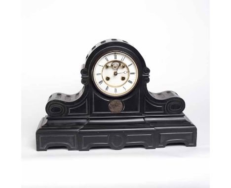 FRENCH VICTORIAN SLATE MANTEL CLOCK BY DELETTREZ
retailed by Stewart, Glasgow, the signed two train movement striking on a be