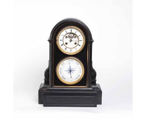 FRENCH VICTORIAN SLATE COMBINED MANTEL CLOCK AND BAROMETER
by Vicenti & Cie, the signed two train movement striking on a bell