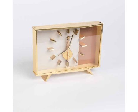 UNUSUAL JAEGER-LECOUTRE GILT BRASS SWISS MANTEL CLOCK numbered 391, signed key wind floating movement, the two tone rectangul