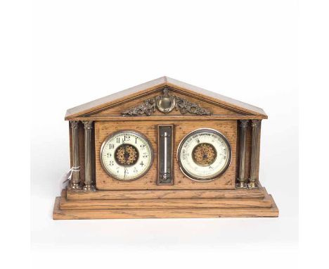 VICTORIAN OAK MANTEL CLOCK AND BAROMETER
the unsigned brass full plate key wind movement with platform escapement, gilt dials