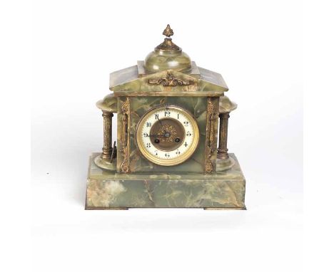 EARLY TWENTIETH CENTURY ONYX MANTEL CLOCK
by Jules Rolez Limited, signed eight day two train movement striking on a coiled go