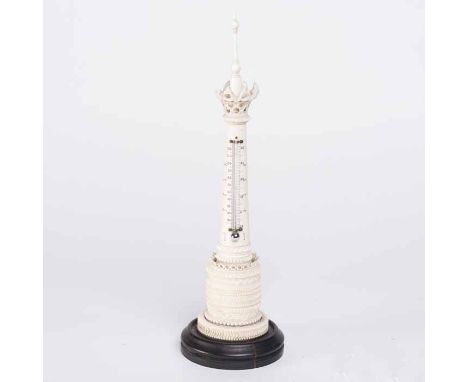 EARLY TWENTIETH CENTURY IVORY TOWER THERMOMETER
with dual Fahrenheit and centigrade scales, with turned finial and pierced co