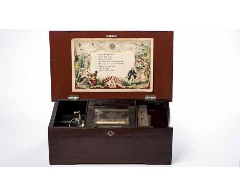 LATE NINETEENTH CENTURY MAHOGANY CYLINDER MUSIC BOX
retailed by B.H.A. Ste. Croix, Switzerland, of rectangular form, playing 
