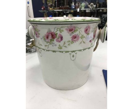 FLORAL DECORATED BATHROOM SET including ewer, basin, pail, etc.