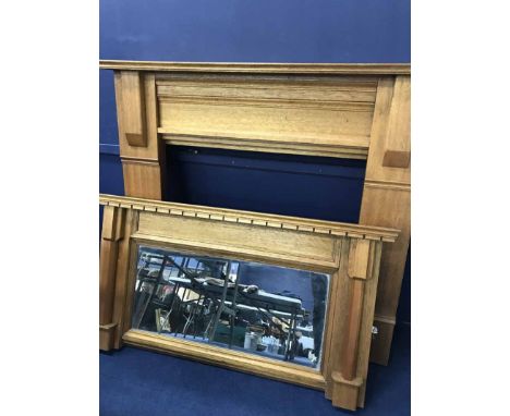 SOLID OAK FIREPLACE SURROUNDwith over mantel mirror fixture, moulded dentil cornice