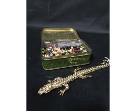 GROUP OF COSTUME JEWELLERY including hair comb and beads in metal tin