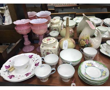 SHELLEY PART TEA SERVICEalong with other tea cups and saucers, also two pink lustre candle stands, etc