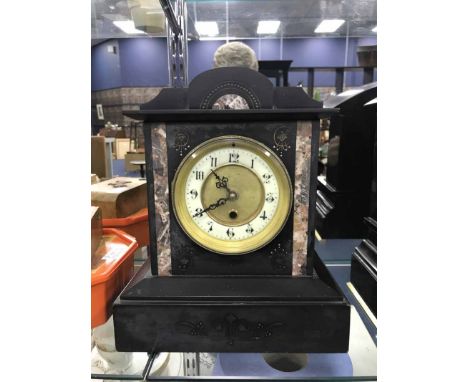 VICTORIAN BLACK SLATE MANTEL CLOCK along with a brass coal bucket 