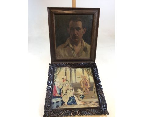 An oil on canvas portrait of John Harewood - stained glass artist. Painted whilst a student at the RCA by H C Lander. Also wi