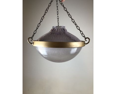 A Holophane ceiling lamp with brass fixings. Upper shade marked Holophane 8212 No 20222. Lower shade marked Holophane 6152 Bl