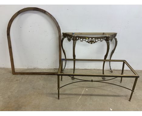 A Gilt metal console table base also with gilt metal coffee table base a wooden arched frame. Console base size W:97cm x D:33