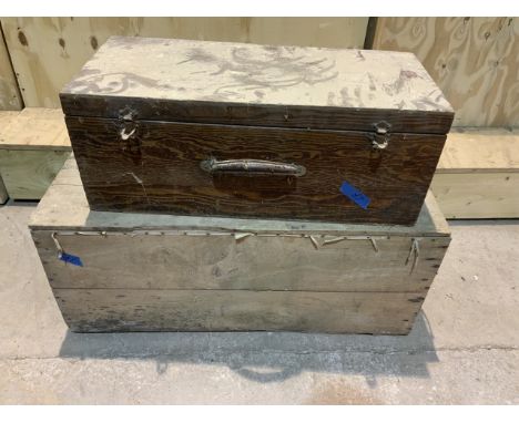 An early 20th century pitch pine work box also with a large pine work trunk. (a.f evidence of woodworm)W:69cm x D:31cm x H:26