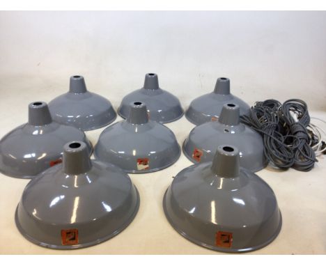 Eight vintage metal retro industrial ceiling shades with some wires and lightbulbsW:35cm x H:20cm
