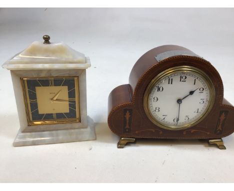A wooden mantle clock with presentation plaque to top a,so with a Biggs onyx clock 