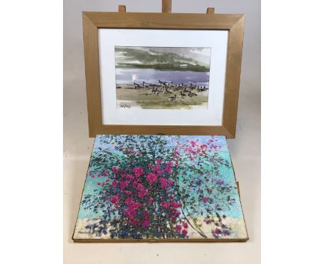 A water colour sketch of Canada Geese, Blagdon lake Signed Alan Ward lower left and an oil on canvas of flowers indistinctly 