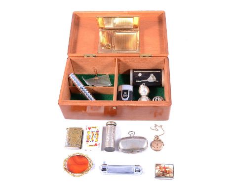 Vintage jewellery and collectables, an oval agate brooch in gold-plated mount; gold-plated circular locket; EPNS rattle; Egyp
