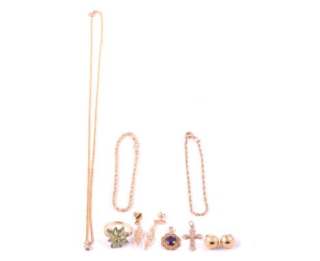 A green stone dress ring, diamond pendant, chain necklaces and bracelets, a 9 carat yellow gold floral green stone dress ring