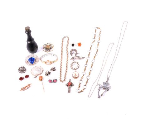 A collection of vintage jewellery, a lady's Omega wristwatch, a seal with ebony handle, a lady's Omega wristwatch with 9 cara