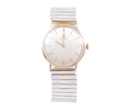 Omega - a gentleman's yellow metal manual wind wristwatch, 29mm circular silvered raised baton dial in a 22mm circular yellow