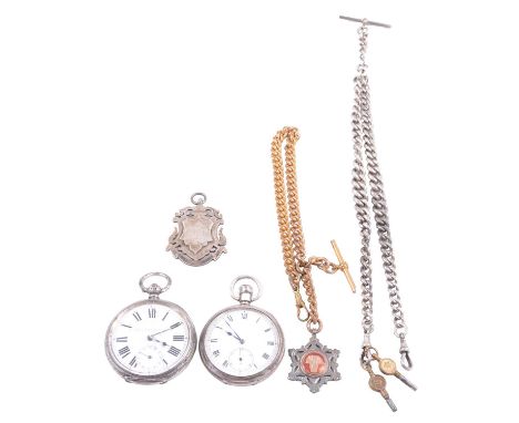 Two silver open face pocket watches, silver Albert chain and medallions, one stem wind pocket watch, engine turned case, Birm