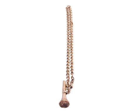 A yellow metal single Albert watch chain with fob, 4.4mm gauge curb and faceted belcher link with swivel fastener, not marked