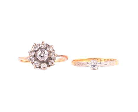 Two diamond rings, a diamond cluster ring, the central old cut stone surrounded by seven other old cut stones all claw set in