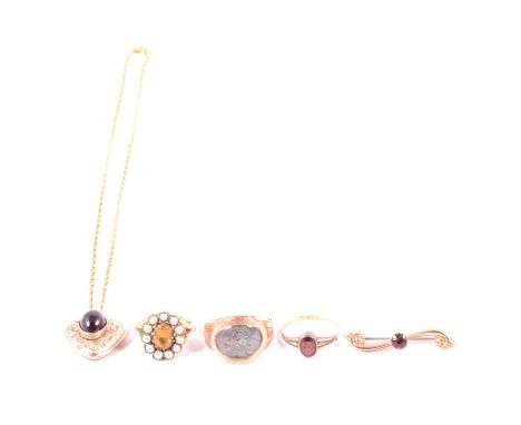 Three vintage rings, bar brooch, heart shaped pendant and gold-plated chain, a citrine and seed pearl ring, the oval mixed cu