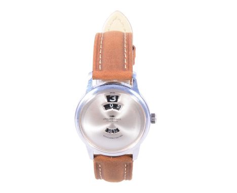 Jaquet-Droz - a vintage jumping hour manual wind stainless steel wristwatch, circular pearlescent dial with second, minute an