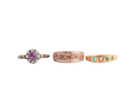 A diamond cluster ring, turquoise and pearl ring and 9 carat ring, a diamond cluster ring, eight old cut diamonds claw set an