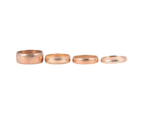Three 9 carat yellow gold wedding bands and another wedding band, a 9 carat yellow gold wedding band, 5.7mm wide plain polish