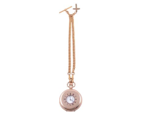 A gold-plated half hunter pocket watch on a gold-plated double Albert watch chain, the white enamel dial with roman numeral c