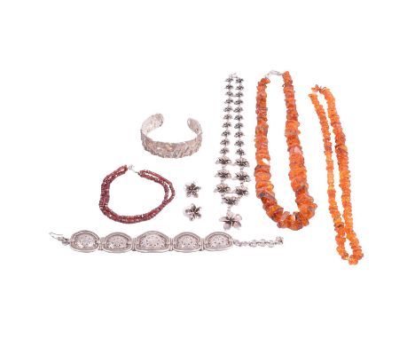 Two amber style necklaces, ruby chip bracelet, and white metal jewellery, an amber style graduated chip necklace, lobster cla