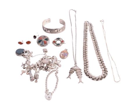 A collection of silver jewellery, necklace, charm bracelet, brooches, a Victorian white metal belcher shot and star link neck