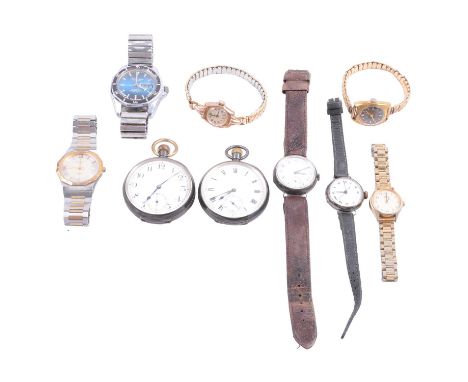 Two silver pocket watches, gold, silver and other wristwatches, a silver open face pocket watch, the white enamel dial with r