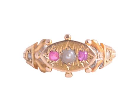 A Victorian ruby and split pearl ring, the two square cut rubies claw set and split pearl post set to the centre of a 15 cara