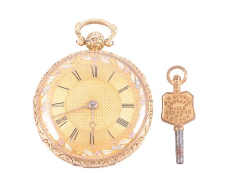 An 18 carat yellow gold open face pocket watch, the gold dial with roman numeral chapter ring, engine turned centre and trico