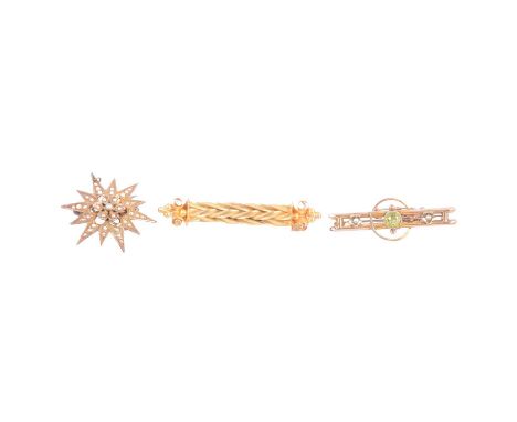 Two Edwardian bar brooches and a seed pearl star brooch, a 45mm yellow metal plaited bar with scroll and bead terminations, m