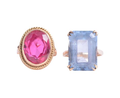 A synthetic blue spinel ring and a synthetic ruby ring, a synthetic blue spinel ring, the octagonal cut synthetic blue spinel
