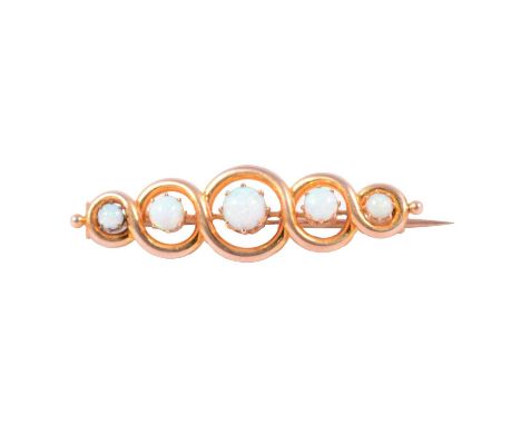 An opal bar brooch, five round cabochon cut opals, graduating in size, individually claw set in a yellow metal 40mm graduated