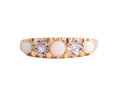 An opal and diamond five stone ring, three round cabochon cut opals claw set and spaced by two illusion set brilliant diamond