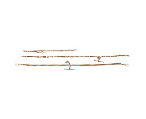 Two rose metal Albert watch chains and a gold-plated double Albert watch chain, a rose metal fancy link Albert watch chain, s
