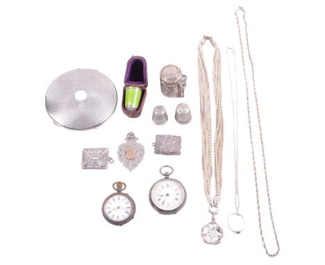 Silver fob watch, pendant, necklace, vinaigrette, and other jewellery and collectables, a silver fob watch, the white enamel 