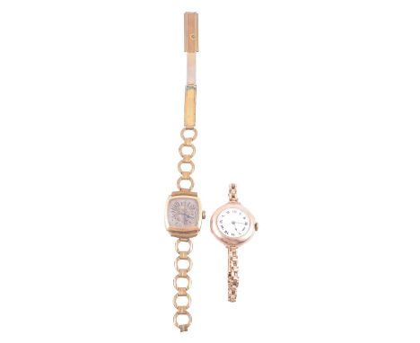 Two vintage ladies' gold wristwatches, a vintage lady's 18 carat yellow gold manual wind wristwatch, 18mm square champagne Ar