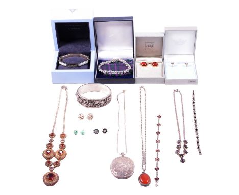 A collection of silver and white metal jewellery, Lalique - a pair of red glass ear studs, boxed; Althorp - a pair of paste s