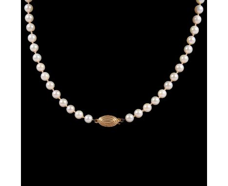 A cultured pearl necklace, sixty 6mm uniform pearls knotted every pearl into a necklace 45cm long, fitted with a 9 carat yell