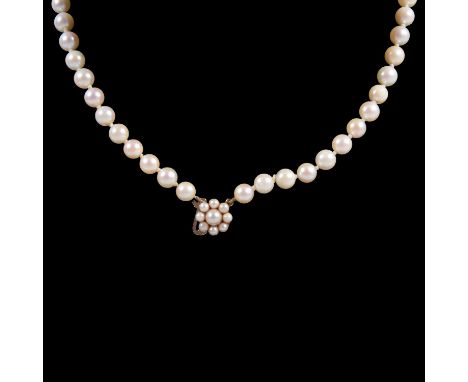 A cultured pearl necklace and three row cultured pearl bracelet, a cultured pearl necklace, the fifty-five 6.25mm pearls knot