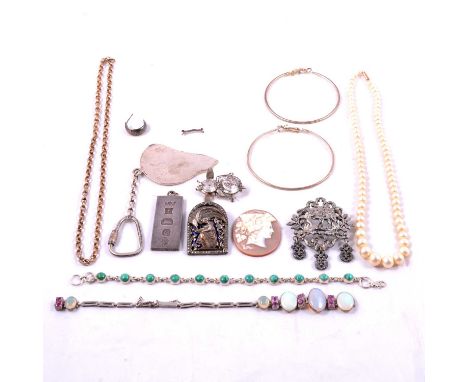 A collection of silver and costume jewellery, an oval carved shell cameo, 38x30m, unmounted; 1oz silver jubilee ingot, Birmin