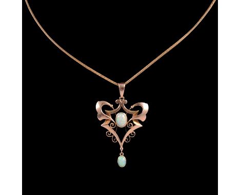 An Edwardian opal pendant and chain, two oval cabochon cut opals set in a yellow metal 25mm framework marked 15ct, unmarked y