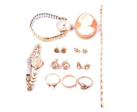 A collection of gold and yellow metal jewellery, cameo brooch, watches, rings, bracelet, earrings, a carved shell cameo brooc